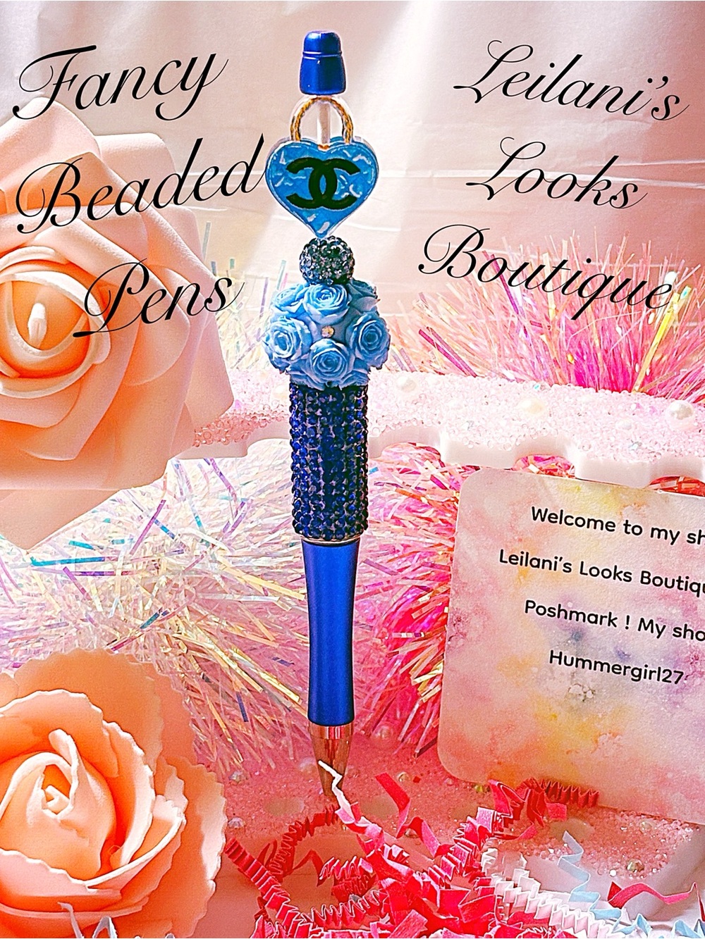 Fancy beaded Pen/gifts/blue heart lock/blue flowers/